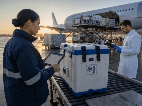 Commercial airline cargo preparation with insulated biological shipment containers and route coordination checks on the runway.