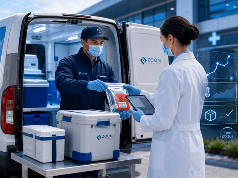 Medical express handover of time-critical biological samples beside temperature-controlled courier van with live status indicators.