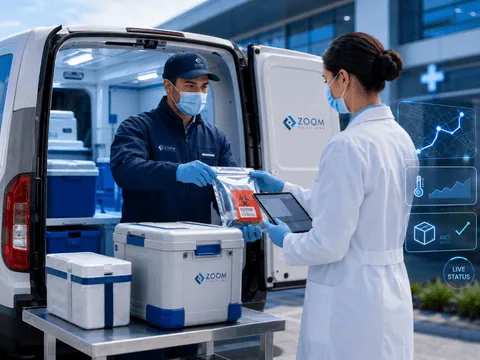 Medical express handover of time-critical biological samples beside temperature-controlled courier van with live status indicators.