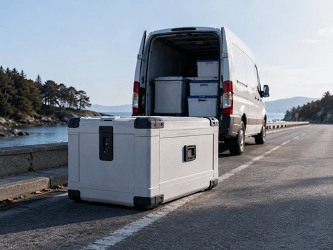 White temperature-controlled cargo container on a coastal highway with digital overlays for route tracking, temperature, humidity, light, tilt and vibration monitoring, plus an operations control room inset.