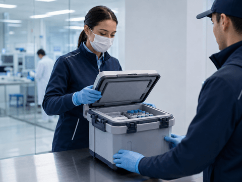 Specialist handling of biological sample shipment using insulated medical case, tablet workflow and monitored handover process.
