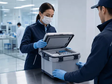 Specialist handling of biological sample shipment using insulated medical case, tablet workflow and monitored handover process.