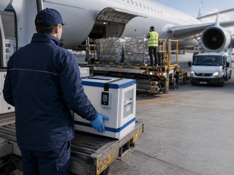 Cold chain handover scene with insulated delivery box, airport apron and refrigerated van.