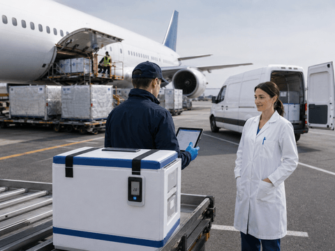 Air cargo pallets, refrigerated van and route icons representing integrated air and road freight.