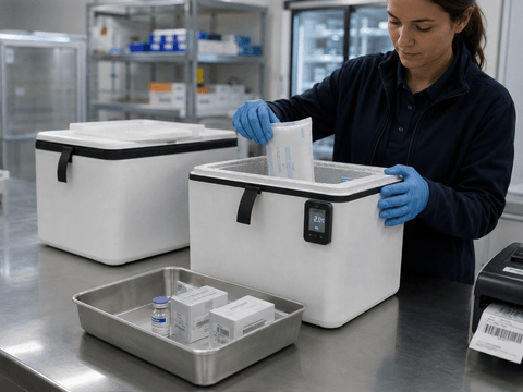 Technician packing coolant packs into insulated shipper beside 2–8°C and 2–25°C labels.