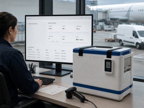 Shipment monitoring dashboard showing temperature, humidity, location and status during cold chain transit.