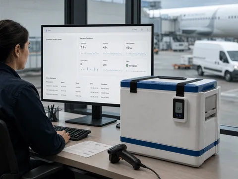Shipment monitoring dashboard showing temperature, humidity, location and status during cold chain transit.