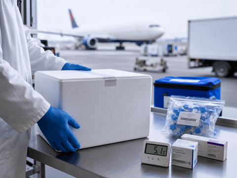 Cold chain packaging and monitoring setup with insulated boxes, clinical sample packs, digital temperature logger, and shipment status dashboard in a controlled healthcare logistics environment.