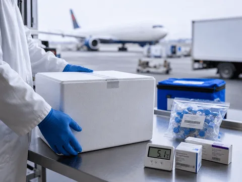 Cold chain packaging and monitoring setup with insulated boxes, clinical sample packs, digital temperature logger, and shipment status dashboard in a controlled healthcare logistics environment.