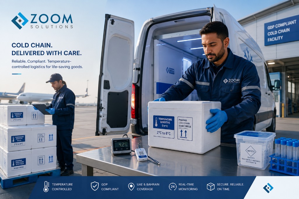 Zoom Solutions staff handling a temperature-controlled pharmaceutical shipment with GDP-compliant monitoring equipment.