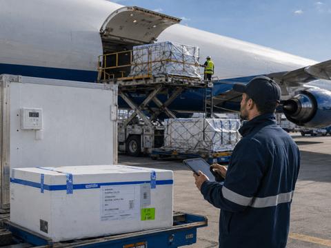 Cold chain specialist monitoring temperature-sensitive pharma cargo during air cargo handling beside an aircraft.
