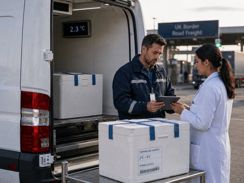 Cross-border road freight handover with refrigerated van and validated 2–8°C pharmaceutical shipment.
