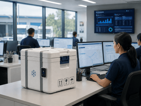 Cold chain monitoring setup with connected shipment box, route visibility, condition telemetry, and live operations dashboard.