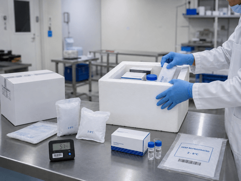 Temperature-controlled packaging setup with insulated shipper, coolant packs, labels, checklist and digital temperature logger in a clinical logistics workspace.