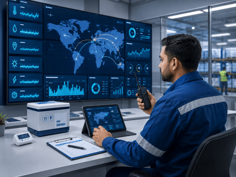 Control room with live shipment monitoring dashboard, temperature and GPS readouts, and cold chain equipment on a desk.