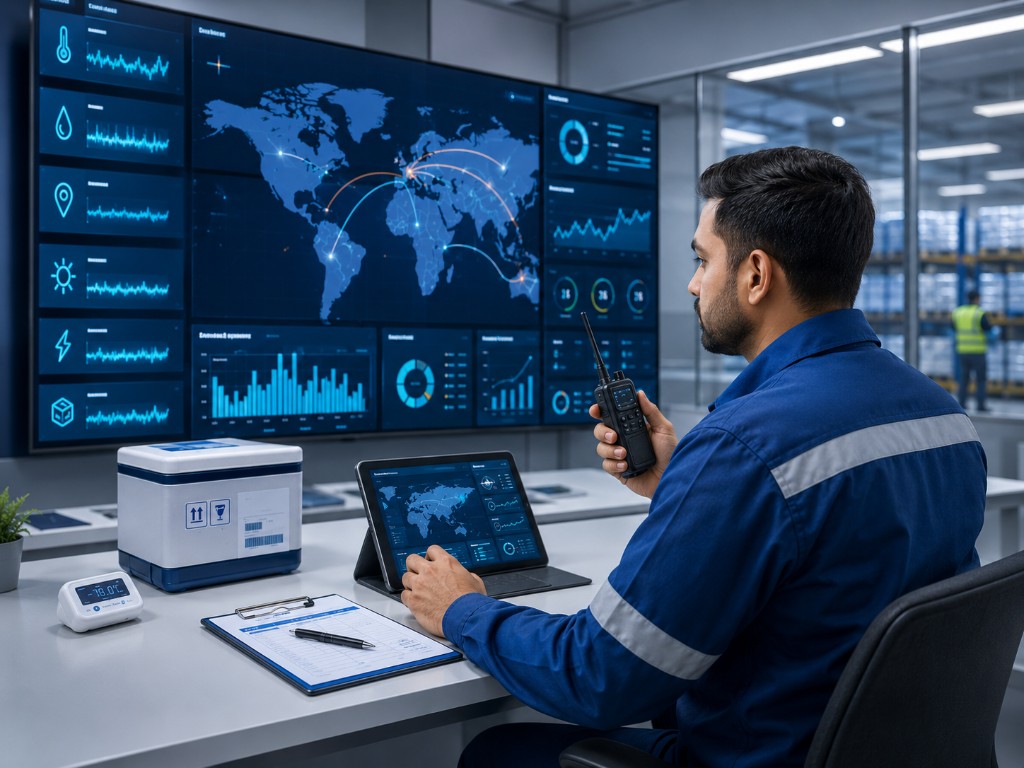Control room with live shipment monitoring dashboard, temperature and GPS readouts, and cold chain equipment on a desk.