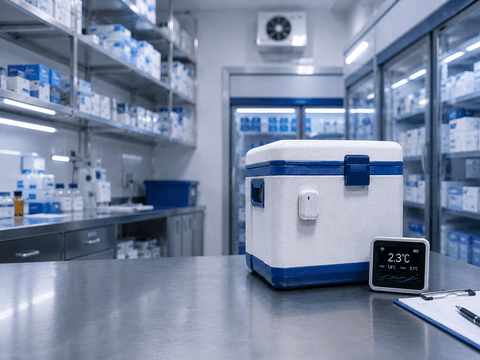 Cold box with attached sensor and temperature chart interface for in-transit monitoring.