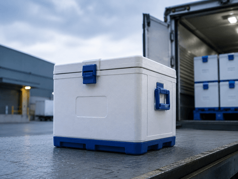 Cold shipment container with map route and GPS location markers for live tracking.