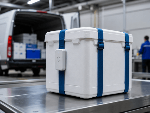 Cold chain container with vibration waveform and route dashboard visualization.