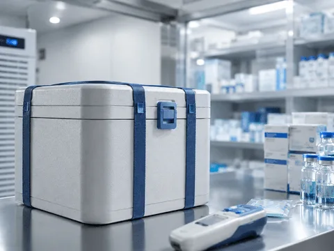 Cold chain shipment with temperature trend, route and status overlays for pharmaceutical monitoring.