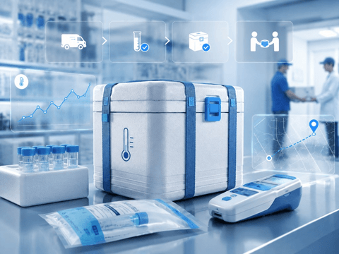 Sample collection workflow with pickup-to-delivery checkpoints and route tracking.