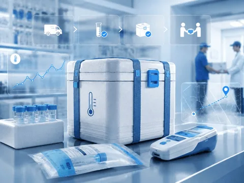 Sample collection workflow with pickup-to-delivery checkpoints and route tracking.