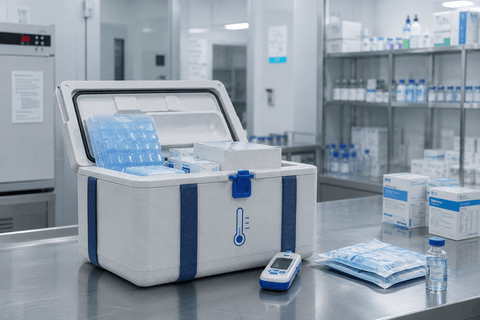 Temperature-controlled packaging with condition trend, route and milestone visibility overlays.