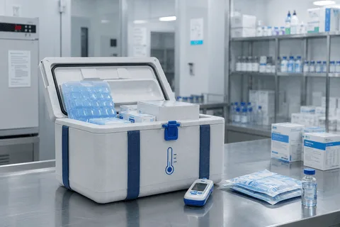 Temperature-controlled packaging with condition trend, route and milestone visibility overlays.