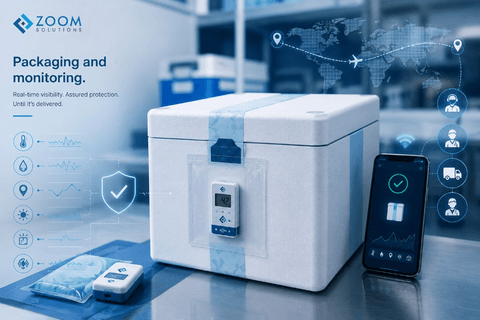 Packaging and monitoring setup with insulated shipper, condition logger and smartphone visibility dashboard.