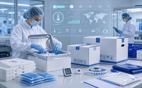 Healthcare packaging team preparing insulated cold chain boxes with monitors, labels and packing materials in a controlled environment.