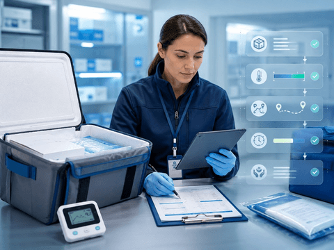 Woman checking tablet and forms with checklist overlay during shipment review.