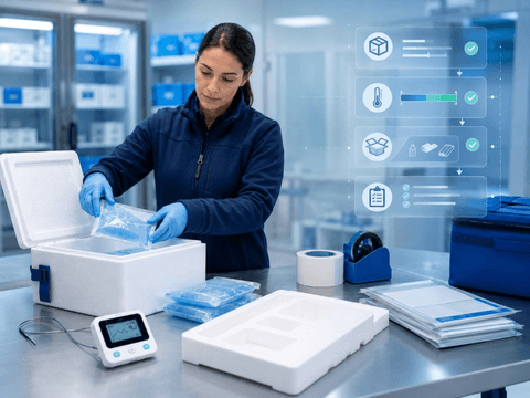 Packing station with materials, gel packs, temperature logger and checklist overlay during preparation.