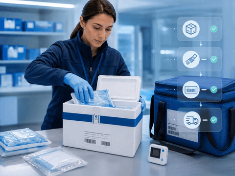 Worker placing coolant gel pack into a cold box during packing.