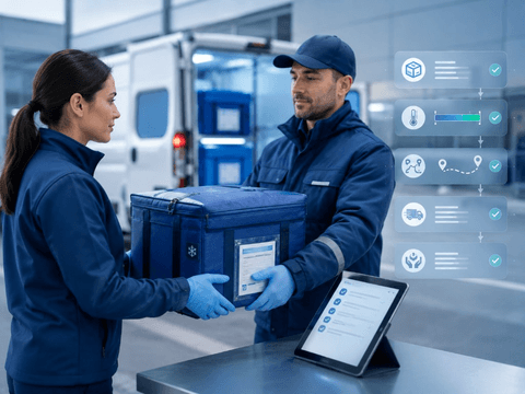 Courier handover near van with shipment checklist during dispatch.
