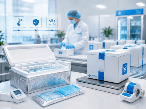 Open pharma shipper with sealed cold box, gel packs and a temperature logger prepared for dispatch.