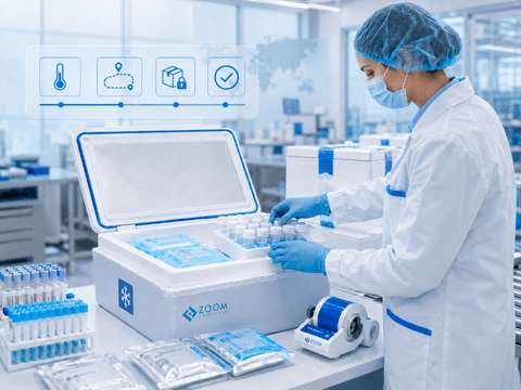 Technician placing vials into an insulated box for biological sample packaging.