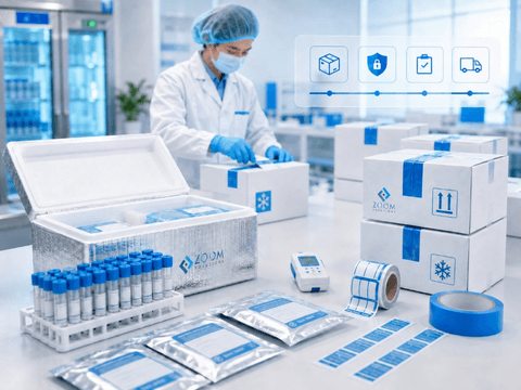 Clinical sample packing setup with many tubes, labels, sealed boxes and packaging materials.