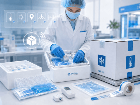 Sealed package with temperature logger and monitoring icons for tracking-ready packing.