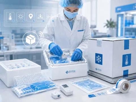 Sealed package with temperature logger and monitoring icons for tracking-ready packing.