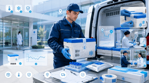Sample collection courier handling a temperature-controlled shipment with tracking and quality-check overlays.