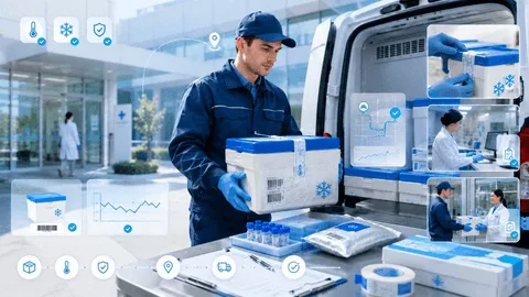 Sample collection courier handling a temperature-controlled shipment with tracking and quality-check overlays.