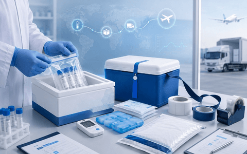 Sample packing and sealing setup with insulated box, temperature logger, ice packs and dispatch materials.