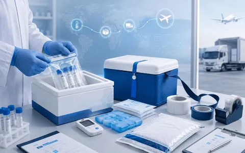 Sample packing and sealing setup with insulated box, temperature logger, ice packs and dispatch materials.