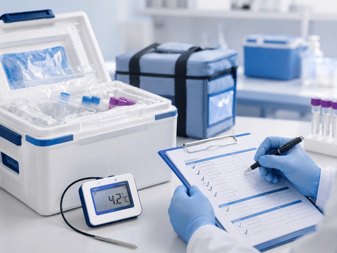 Quality checklist and temperature verification before sample dispatch.