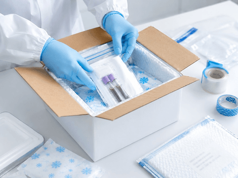 Sample packing with insulated container, ice packs and sealing preparation.
