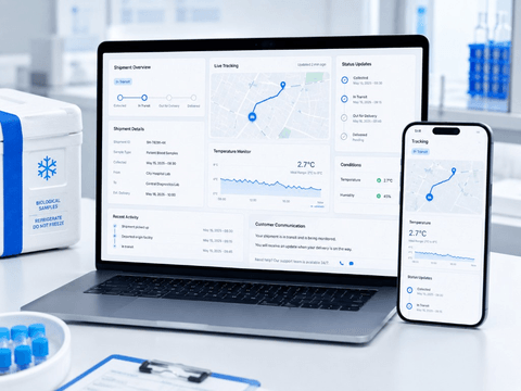Live shipment tracking dashboard showing route, status and temperature data.