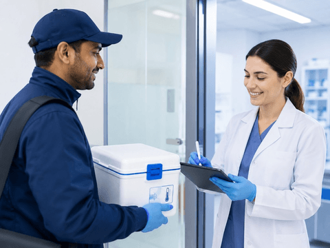 Courier and receiver completing final sample handover and delivery confirmation.