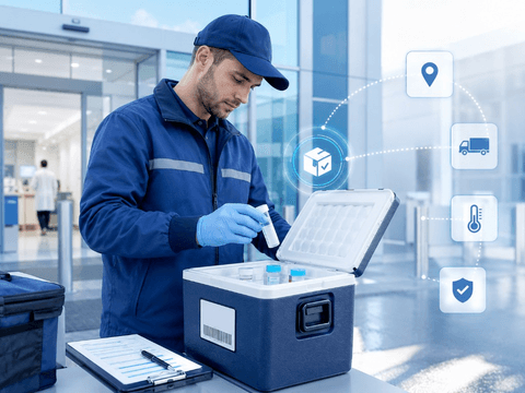 Clinical sample collection setup with temperature and route monitoring overlays.
