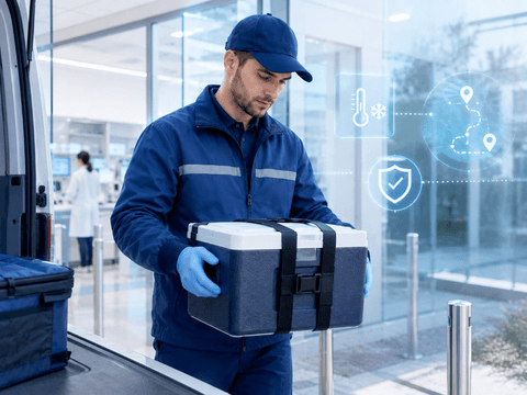 Biological sample pickup with controlled handling and cold chain checks.