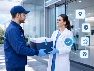Proof of delivery handover between courier and healthcare receiver with confirmation icons.